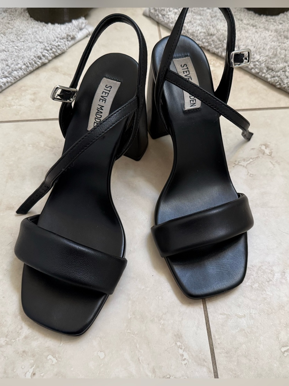 Steve Madden Black Leather Square-Toe Block Heel Slingbacks
